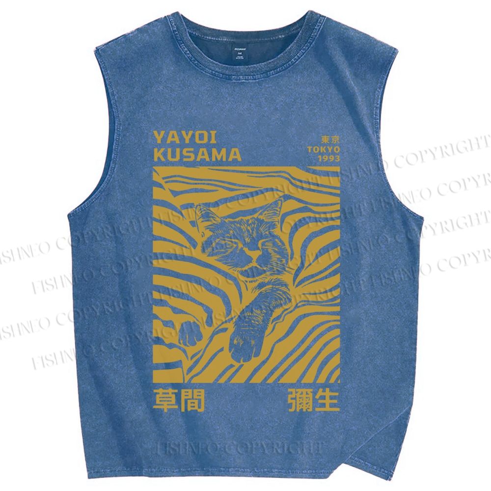 Unisex Yayoi Kusama Sleepy Cat Printed Washed Tank Top