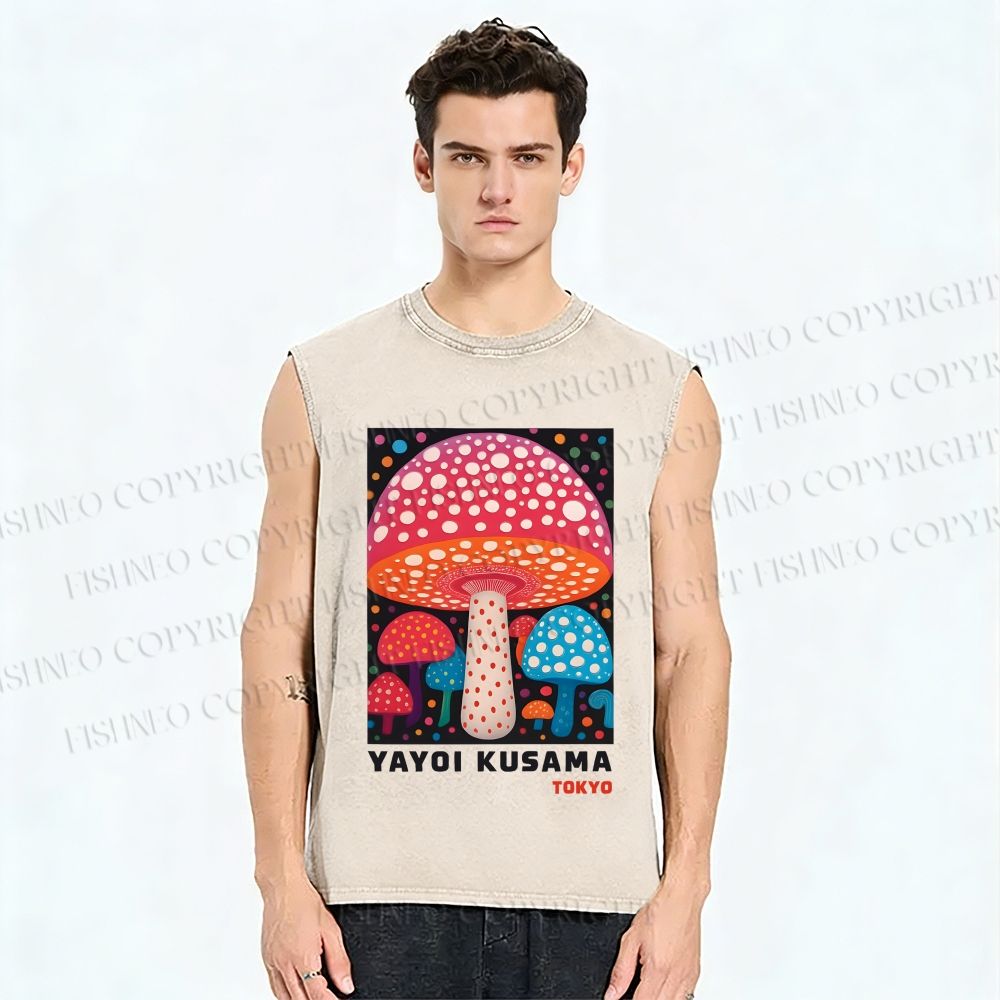 Unisex Yayoi Kusama Mushroom Printed Washed Tank Top