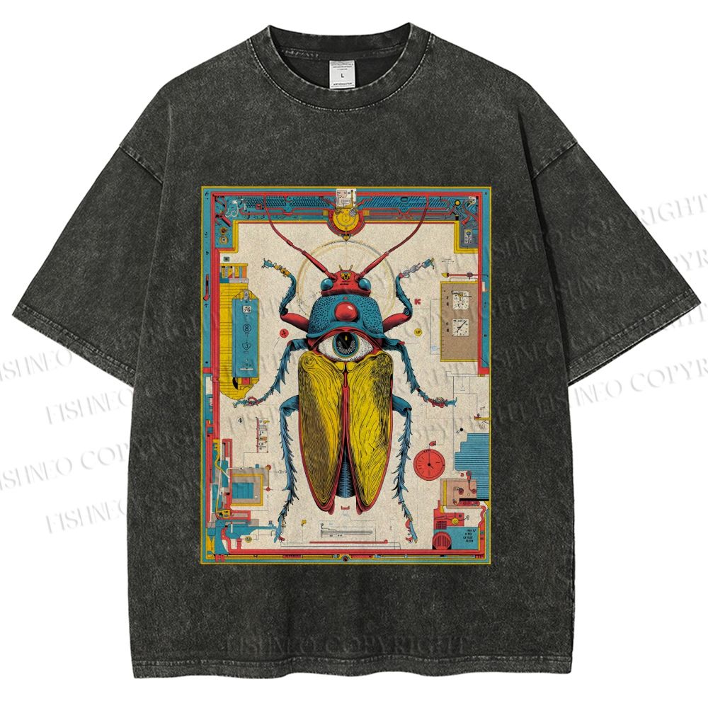 Unisex Steampunk Bug With Huge Eye Printed Washed Tee