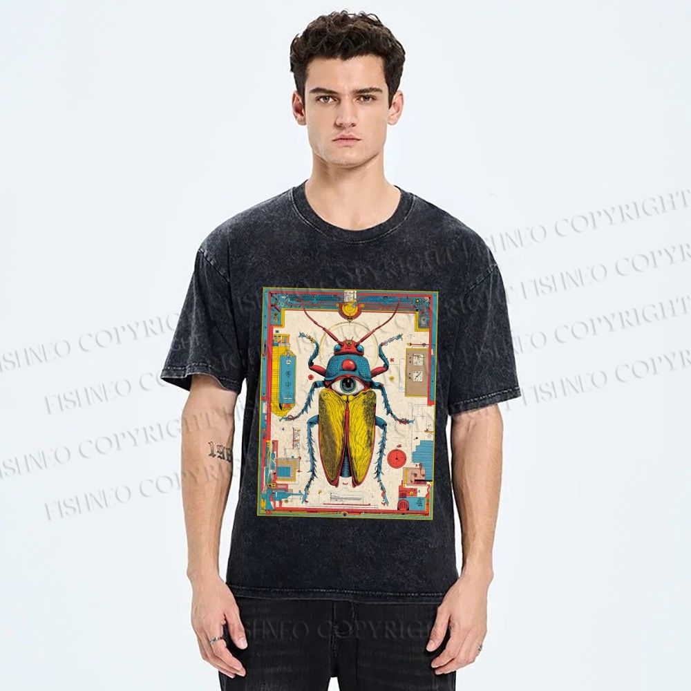 Unisex Steampunk Bug With Huge Eye Printed Washed Tee