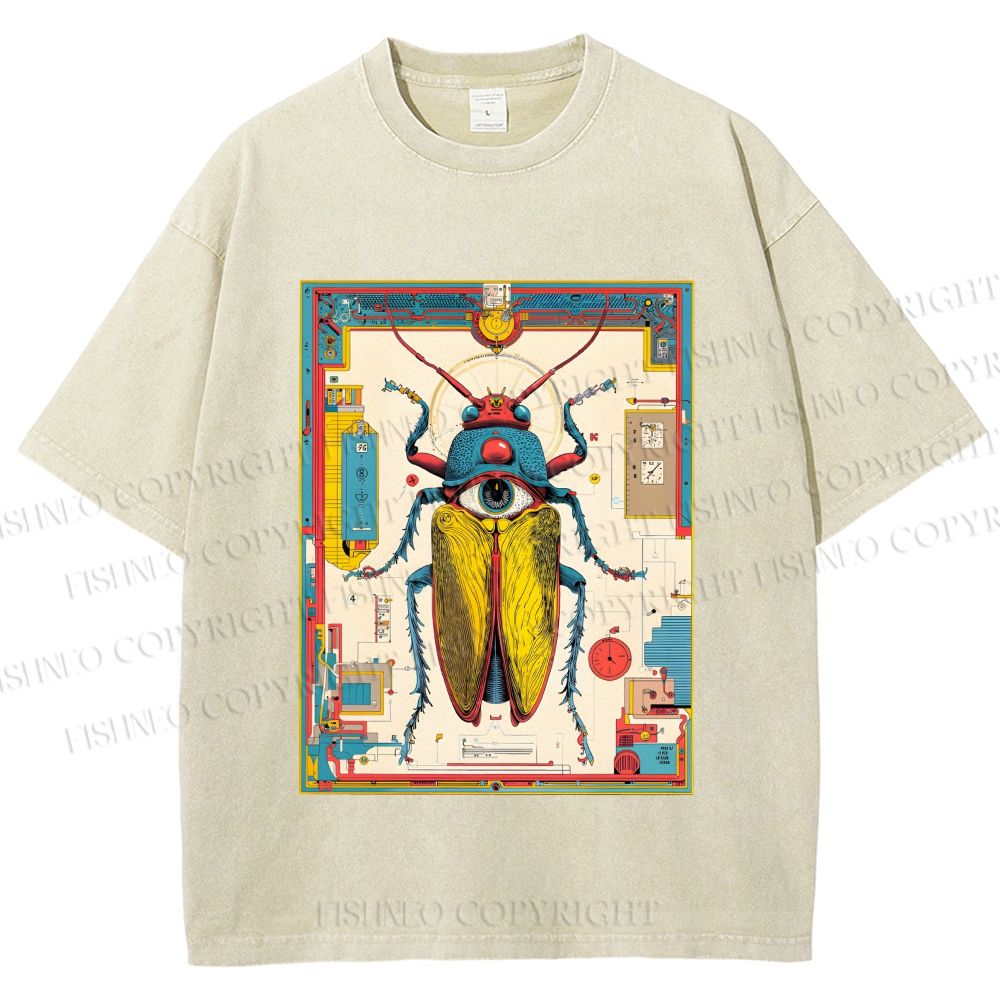 Unisex Steampunk Bug With Huge Eye Printed Washed Tee