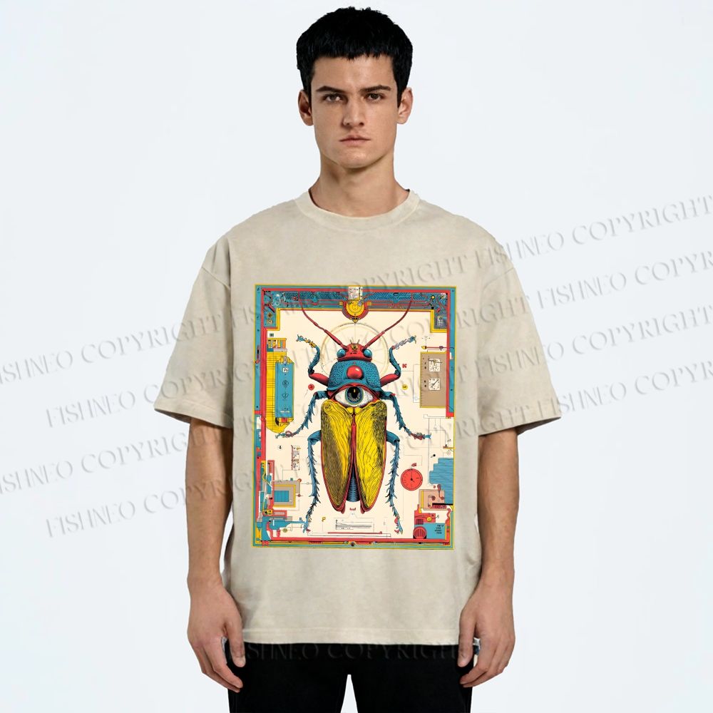 Unisex Steampunk Bug With Huge Eye Printed Washed Tee