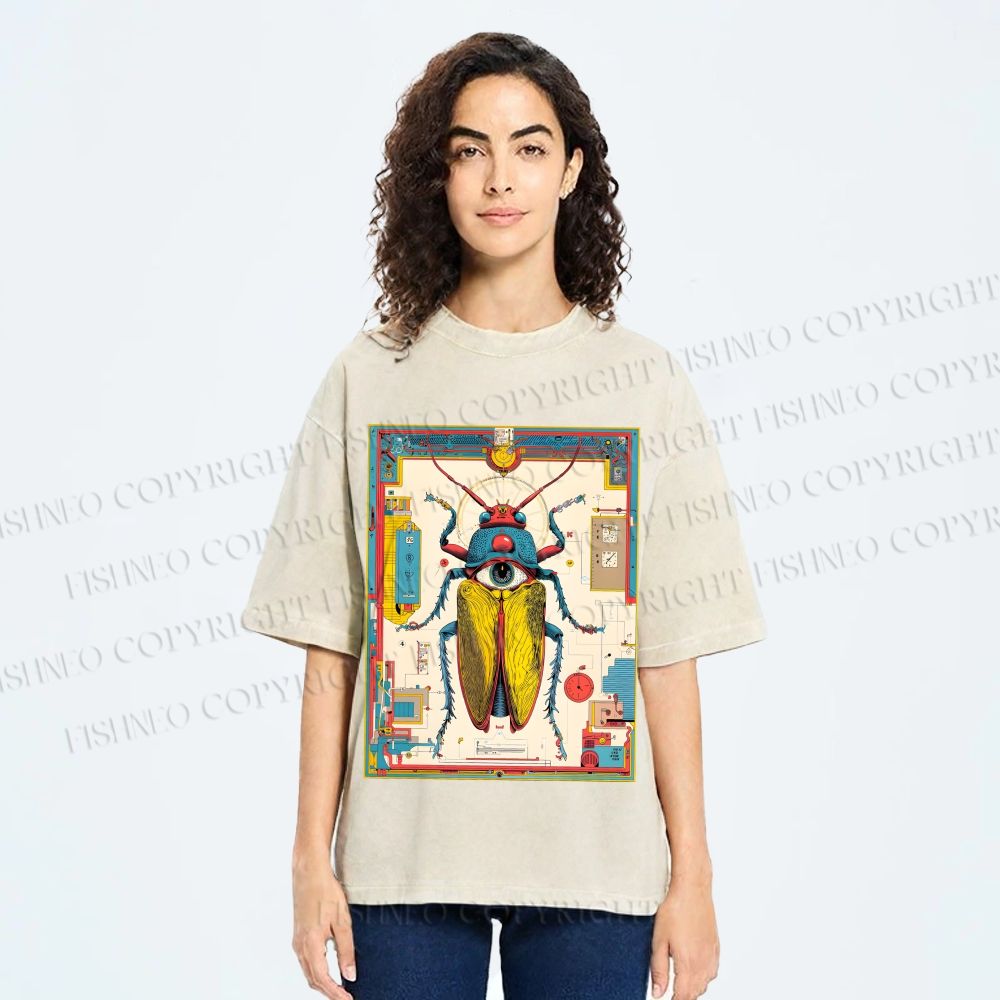 Unisex Steampunk Bug With Huge Eye Printed Washed Tee
