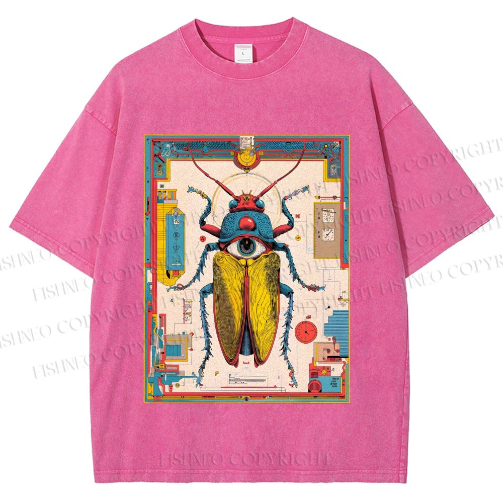 Unisex Steampunk Bug With Huge Eye Printed Washed Tee