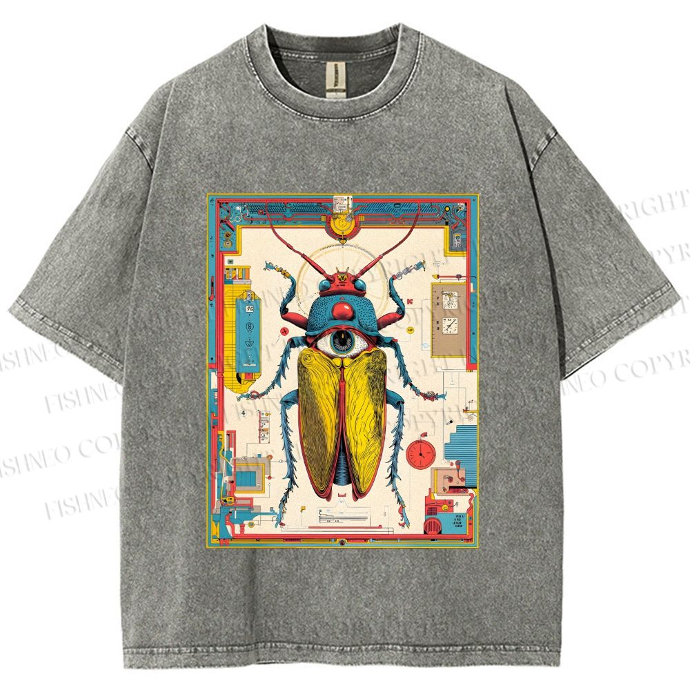 Unisex Steampunk Bug With Huge Eye Printed Washed Tee