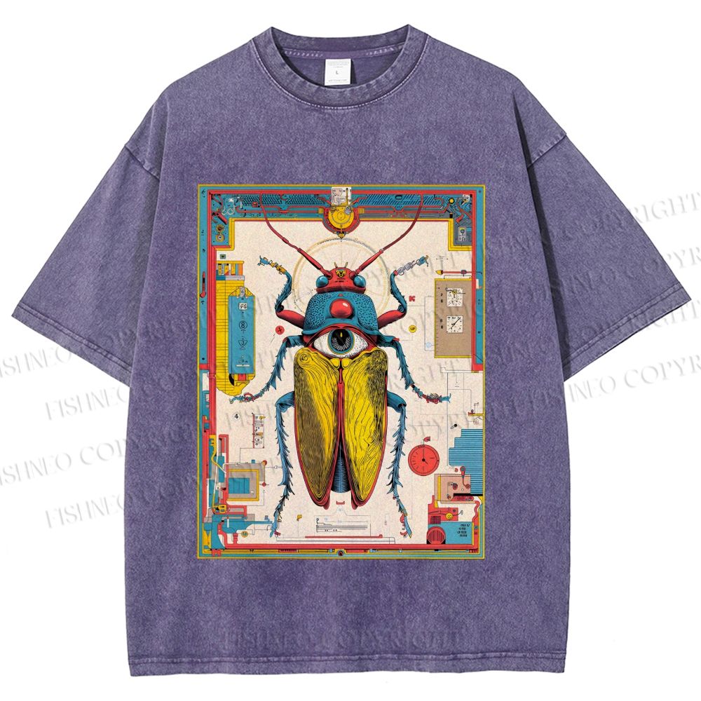 Unisex Steampunk Bug With Huge Eye Printed Washed Tee