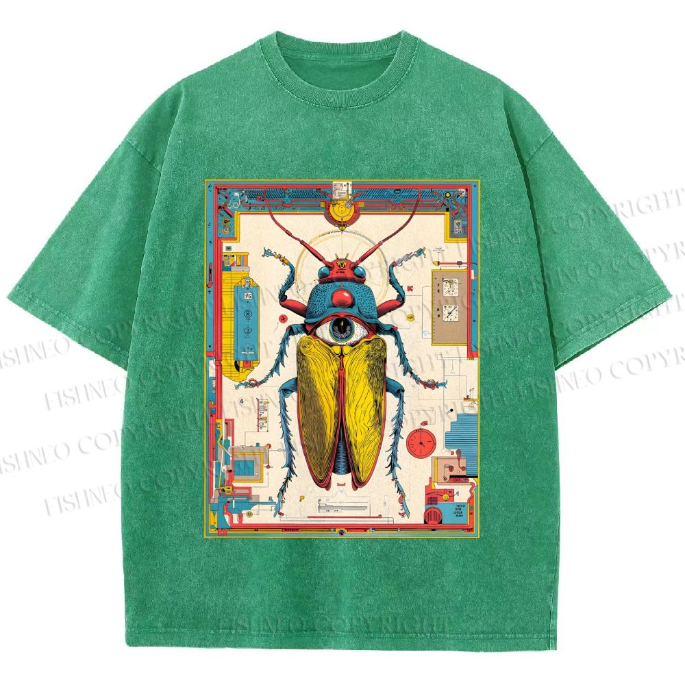 Unisex Steampunk Bug With Huge Eye Printed Washed Tee