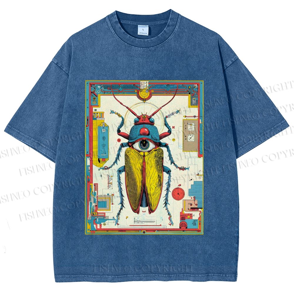 Unisex Steampunk Bug With Huge Eye Printed Washed Tee