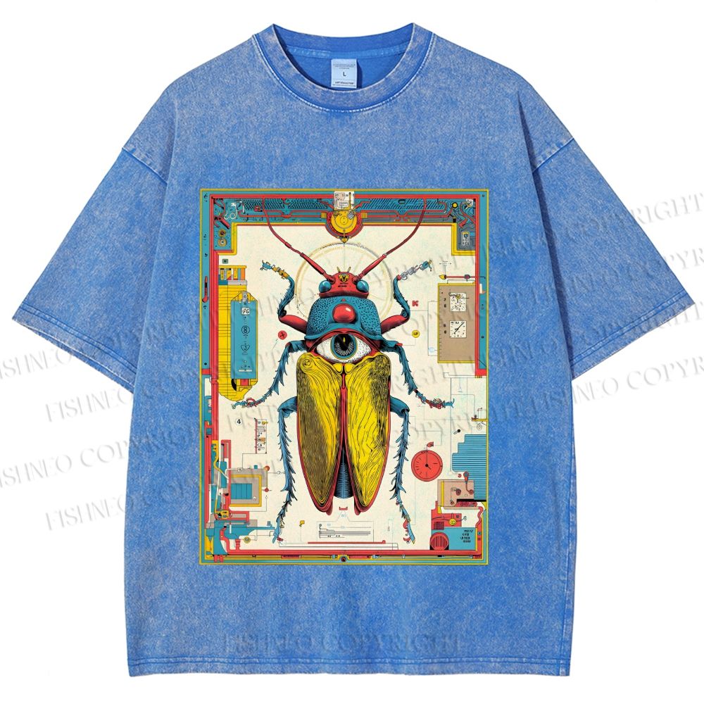 Unisex Steampunk Bug With Huge Eye Printed Washed Tee