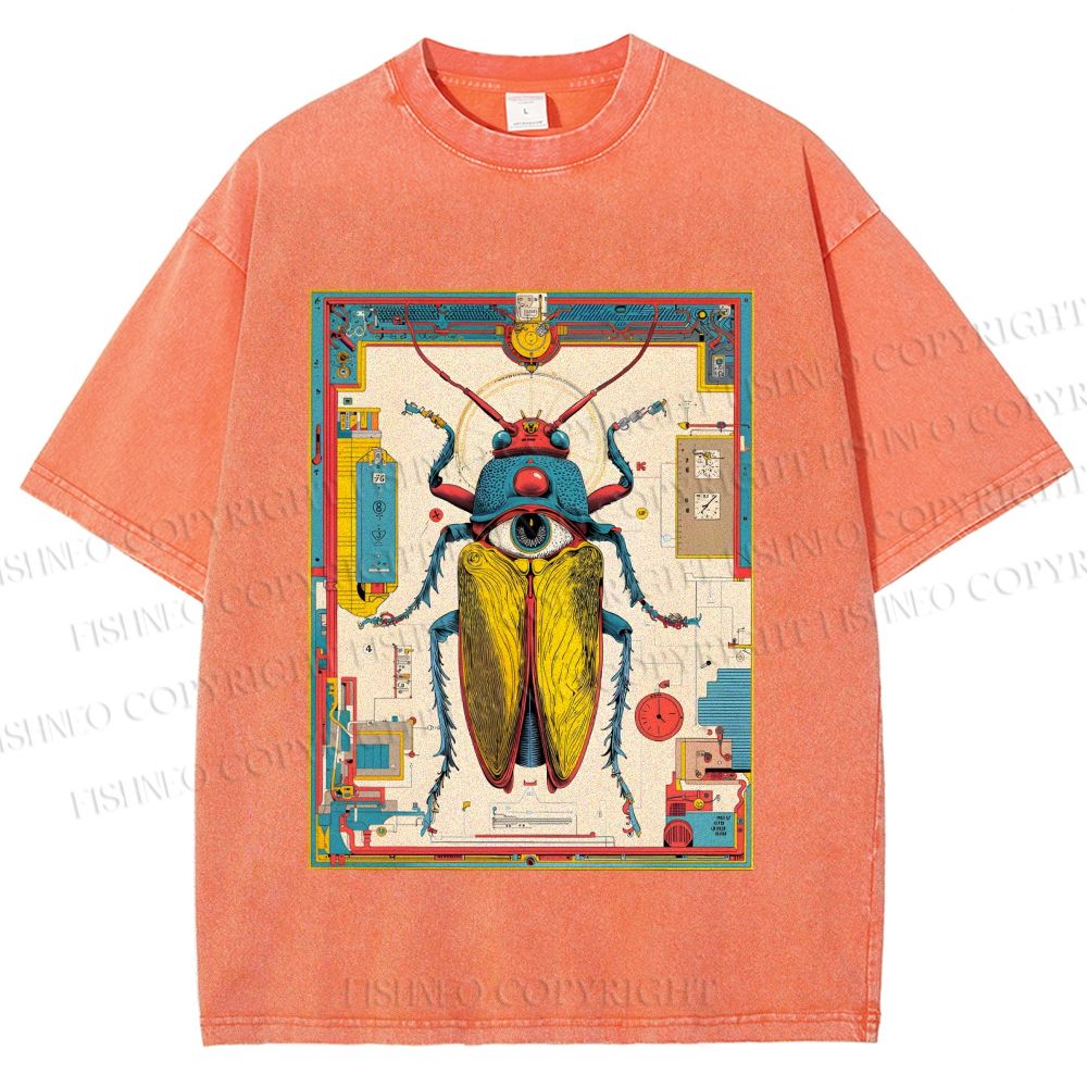 Unisex Steampunk Bug With Huge Eye Printed Washed Tee