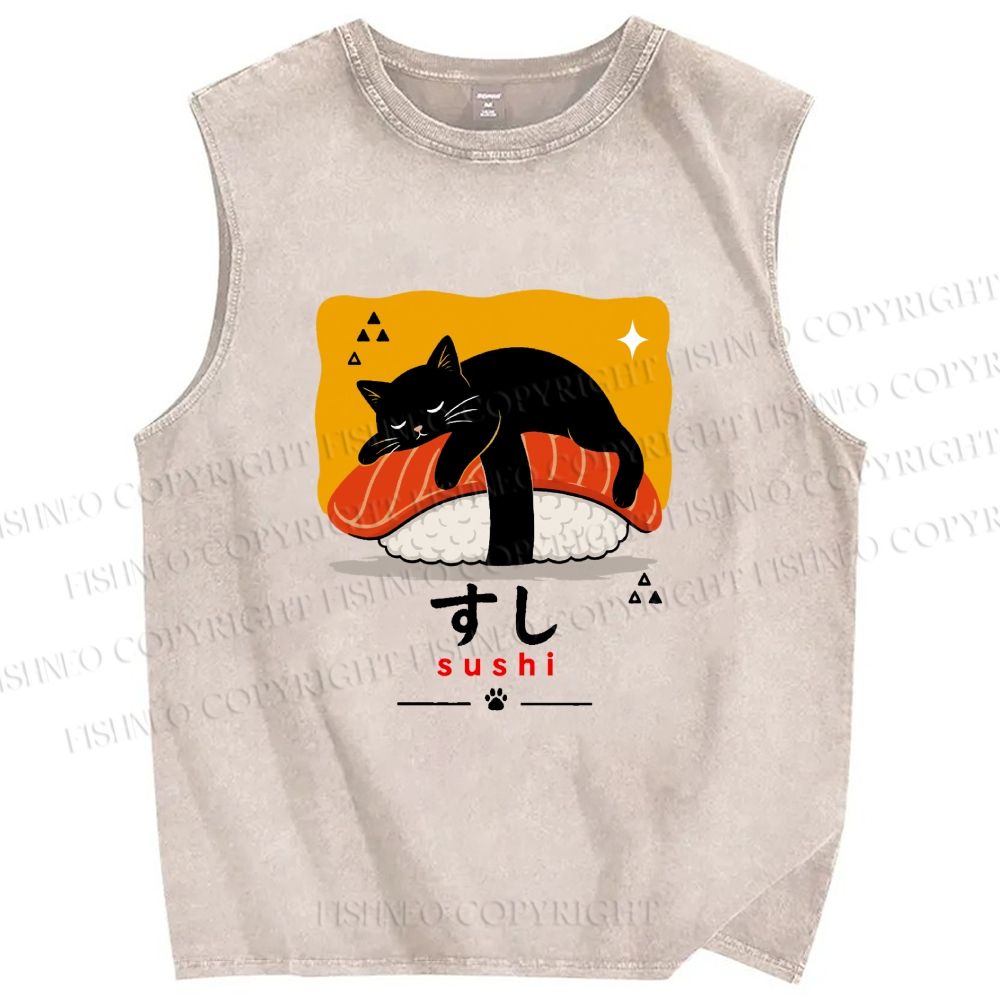 Unisex Cat Napping On Salmon Sushi Printed Washed Tank Top