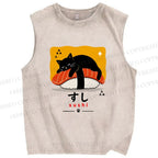 Unisex Cat Napping On Salmon Sushi Printed Washed Tank Top