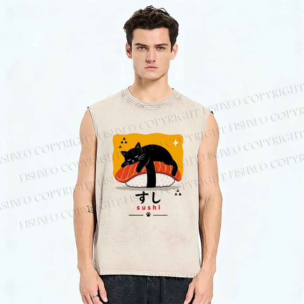 Unisex Cat Napping On Salmon Sushi Printed Washed Tank Top