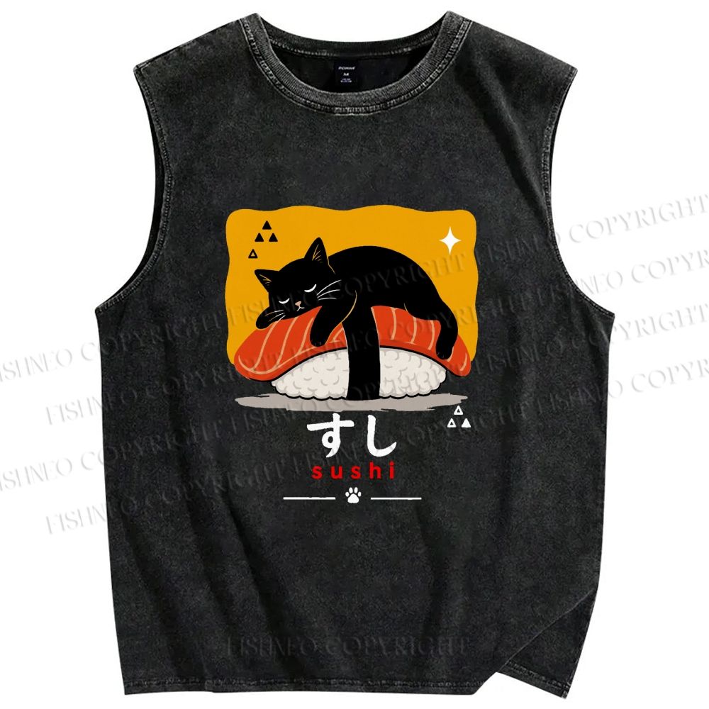 Unisex Cat Napping On Salmon Sushi Printed Washed Tank Top