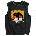Unisex Cat Napping On Salmon Sushi Printed Washed Tank Top