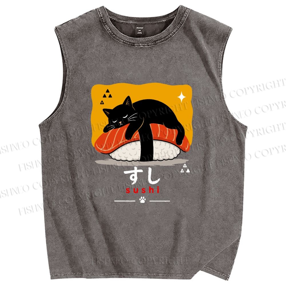 Unisex Cat Napping On Salmon Sushi Printed Washed Tank Top