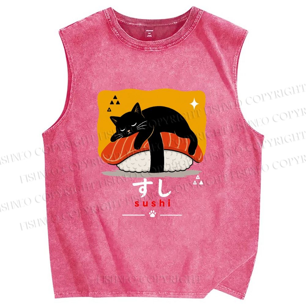 Unisex Cat Napping On Salmon Sushi Printed Washed Tank Top