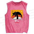 Unisex Cat Napping On Salmon Sushi Printed Washed Tank Top