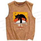 Unisex Cat Napping On Salmon Sushi Printed Washed Tank Top