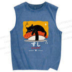 Unisex Cat Napping On Salmon Sushi Printed Washed Tank Top