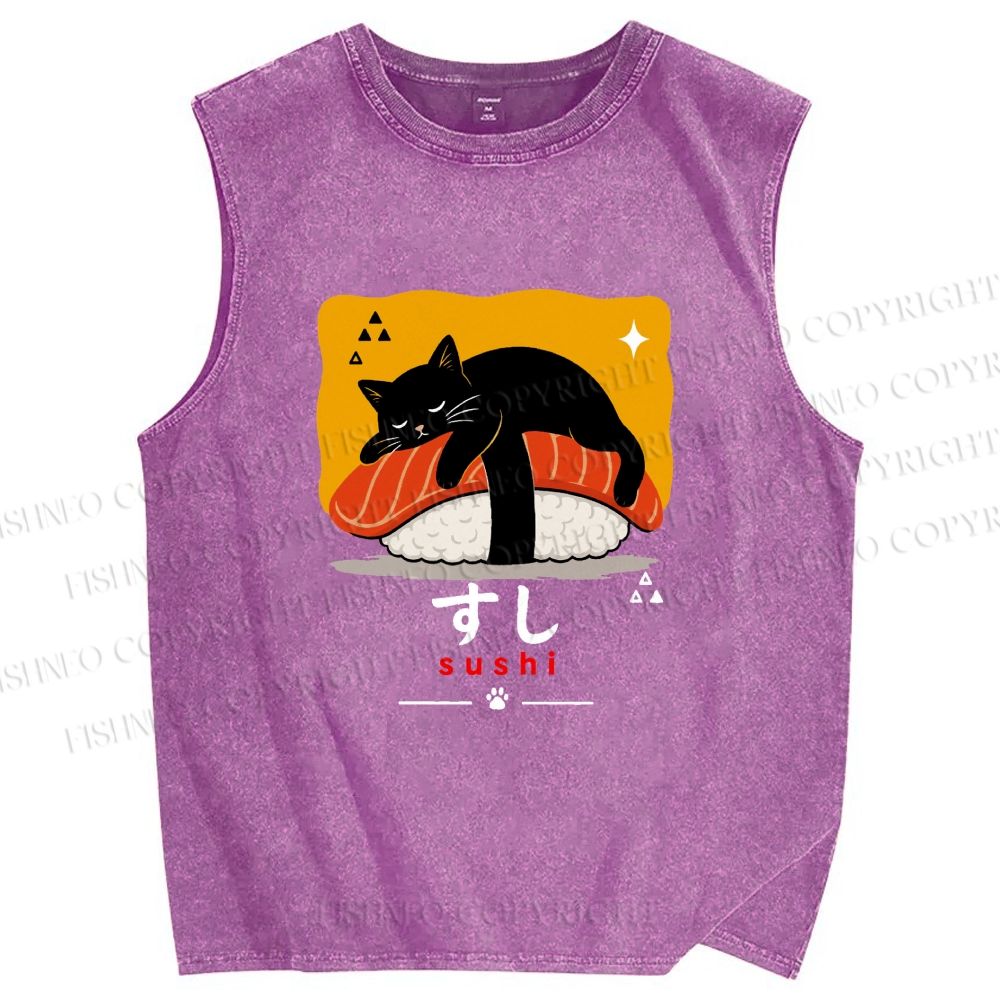 Unisex Cat Napping On Salmon Sushi Printed Washed Tank Top