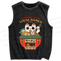 Unisex Japanese Ramen Cat Printed Washed Tank Top