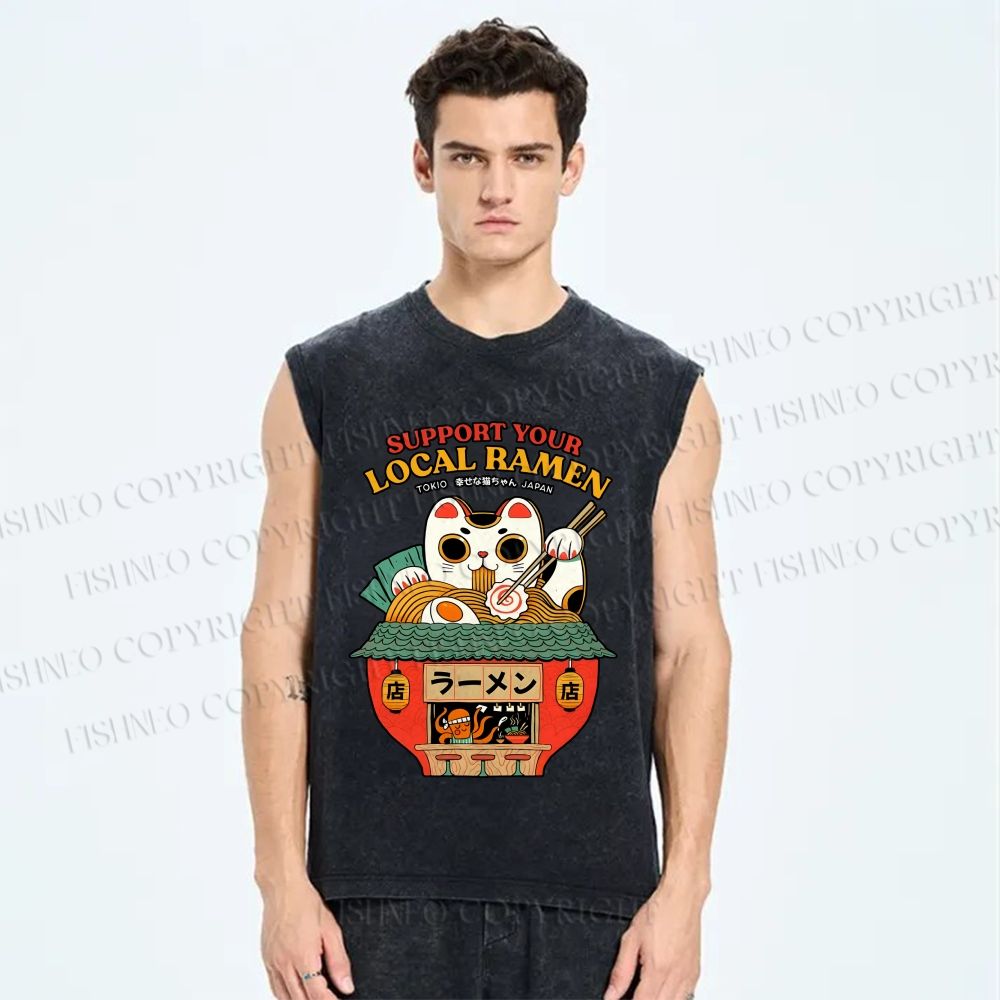 Unisex Japanese Ramen Cat Printed Washed Tank Top
