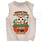 Unisex Japanese Ramen Cat Printed Washed Tank Top