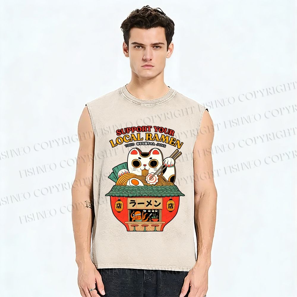 Unisex Japanese Ramen Cat Printed Washed Tank Top
