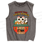 Unisex Japanese Ramen Cat Printed Washed Tank Top