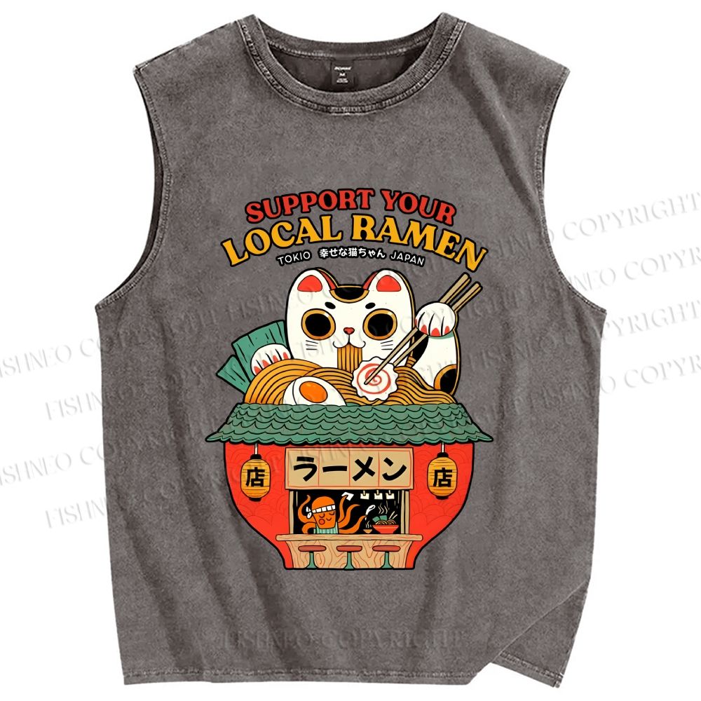 Unisex Japanese Ramen Cat Printed Washed Tank Top