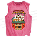 Unisex Japanese Ramen Cat Printed Washed Tank Top