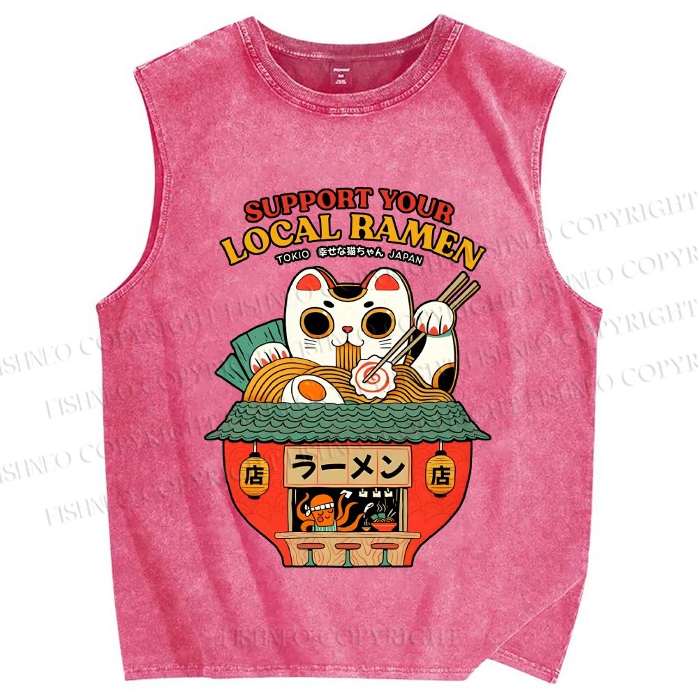 Unisex Japanese Ramen Cat Printed Washed Tank Top
