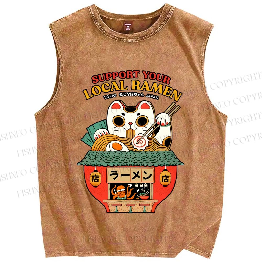 Unisex Japanese Ramen Cat Printed Washed Tank Top
