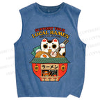 Unisex Japanese Ramen Cat Printed Washed Tank Top