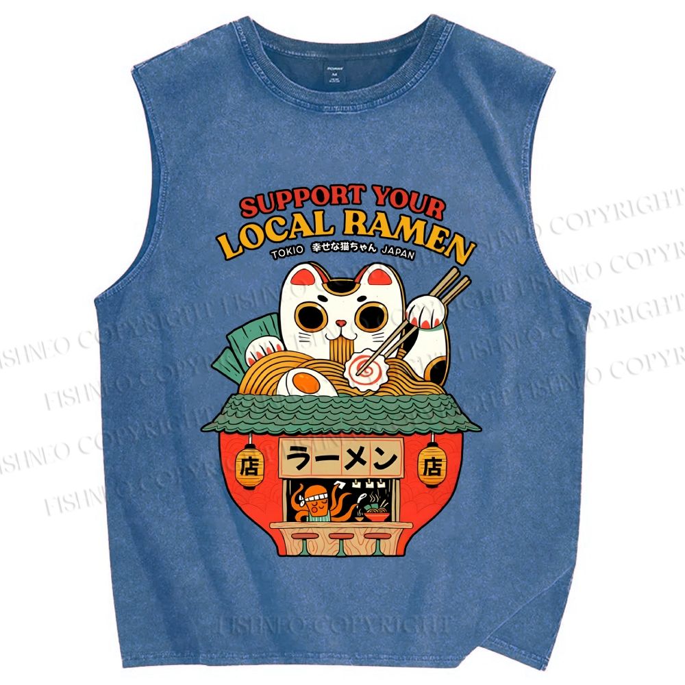 Unisex Japanese Ramen Cat Printed Washed Tank Top