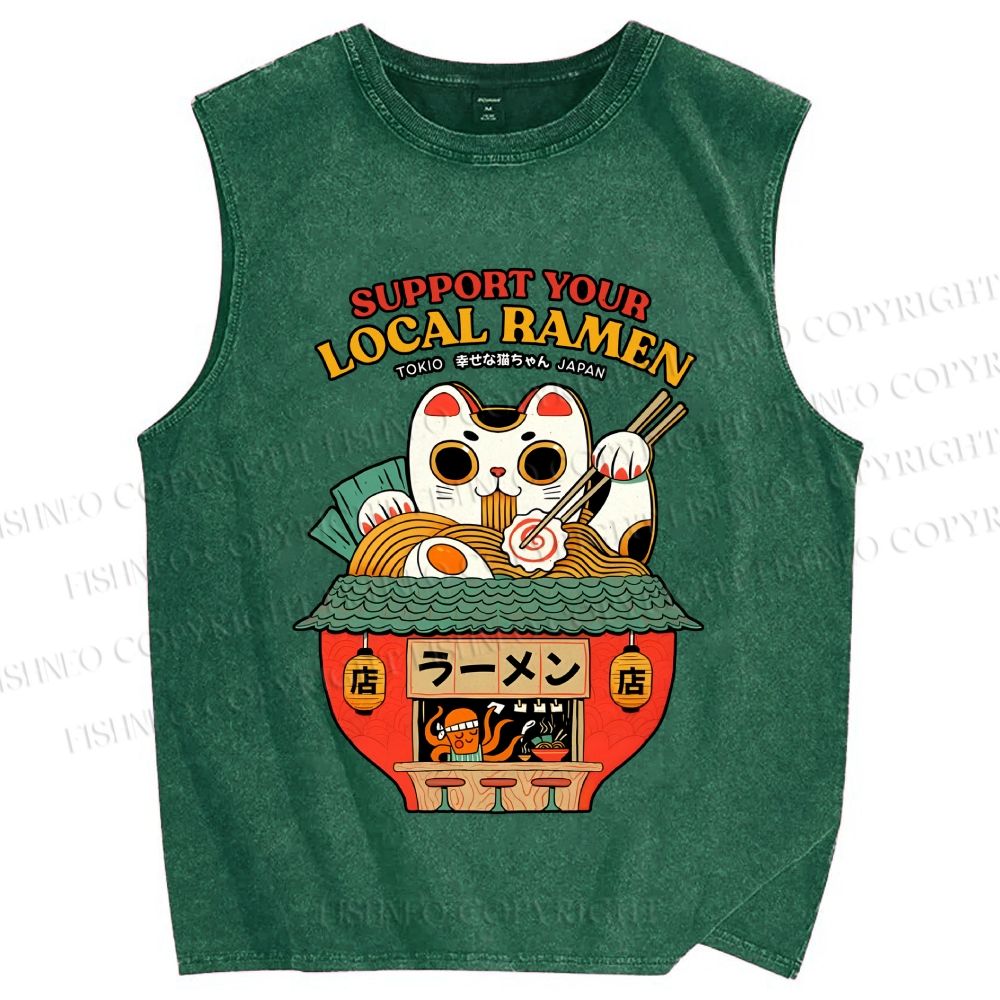 Unisex Japanese Ramen Cat Printed Washed Tank Top