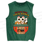 Unisex Japanese Ramen Cat Printed Washed Tank Top