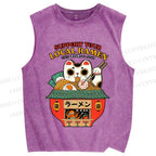 Unisex Japanese Ramen Cat Printed Washed Tank Top