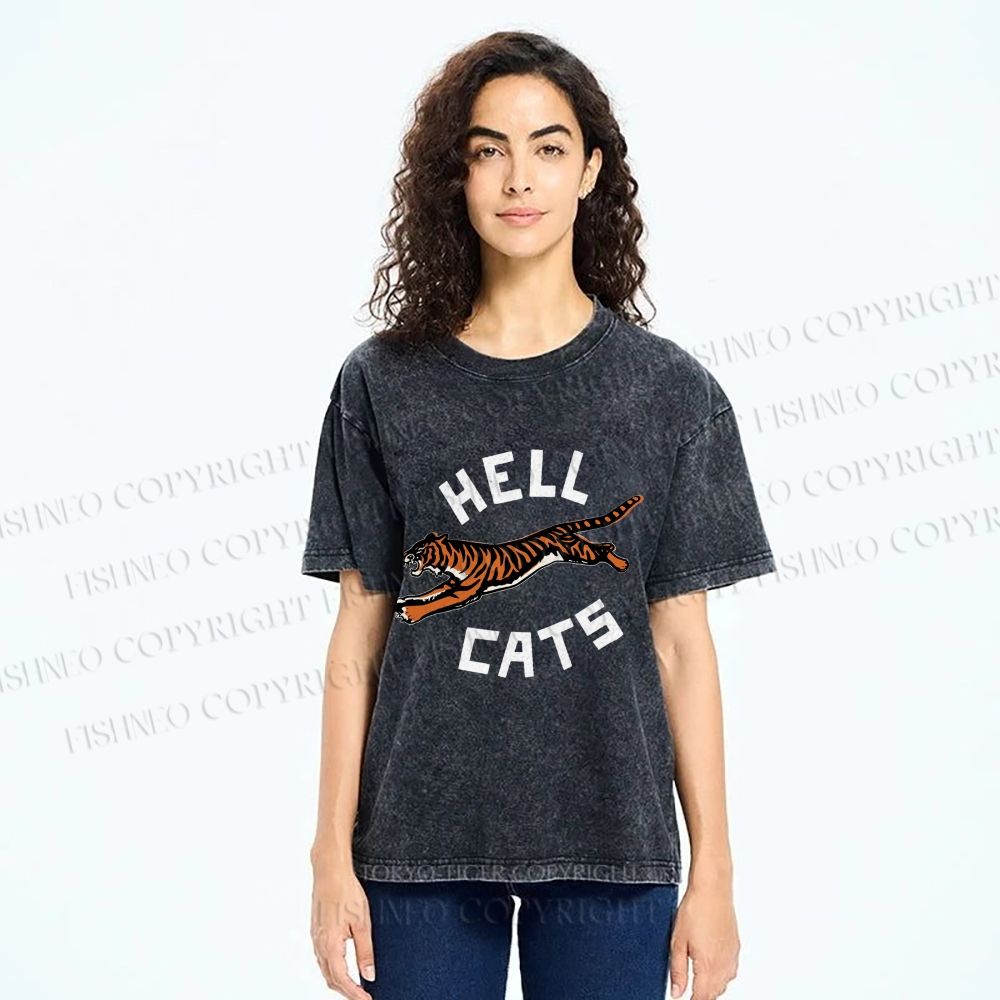 Unisex Hell Cat Printed Washed Tee