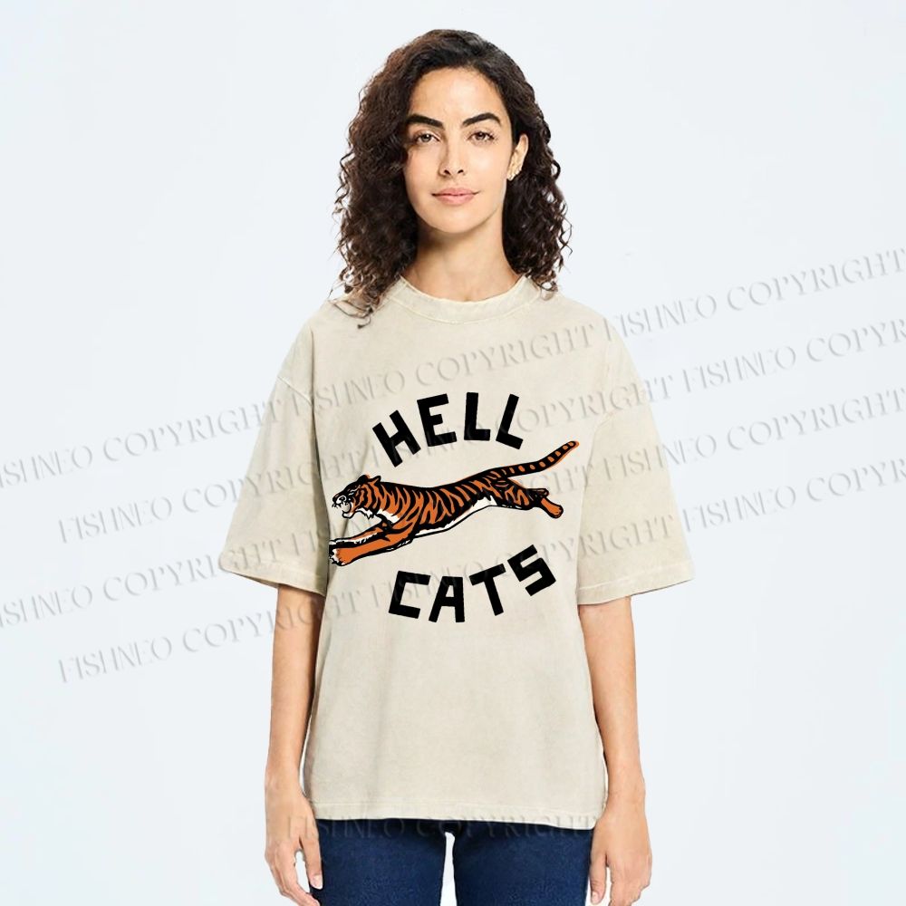 Unisex Hell Cat Printed Washed Tee