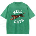 Unisex Hell Cat Printed Washed Tee