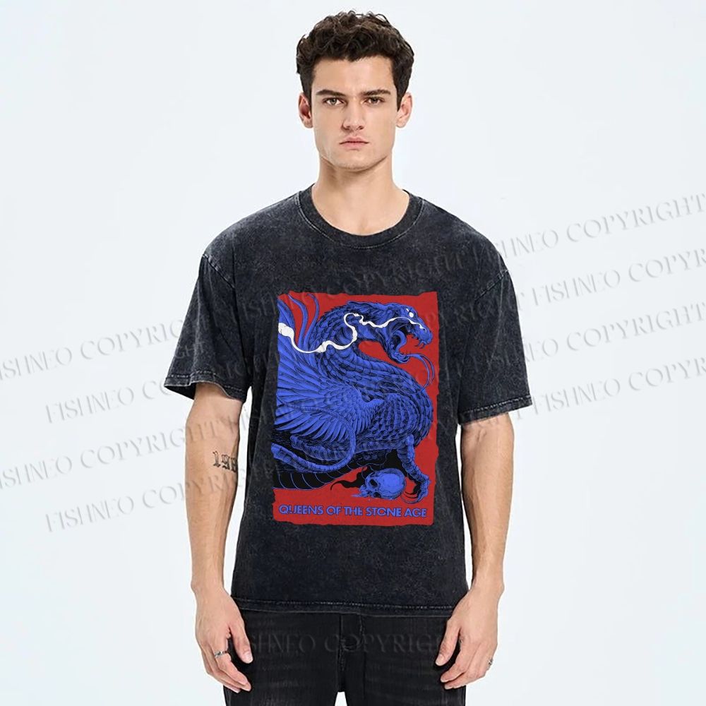 Unisex Giant Blue Dragon Printed Washed Tee