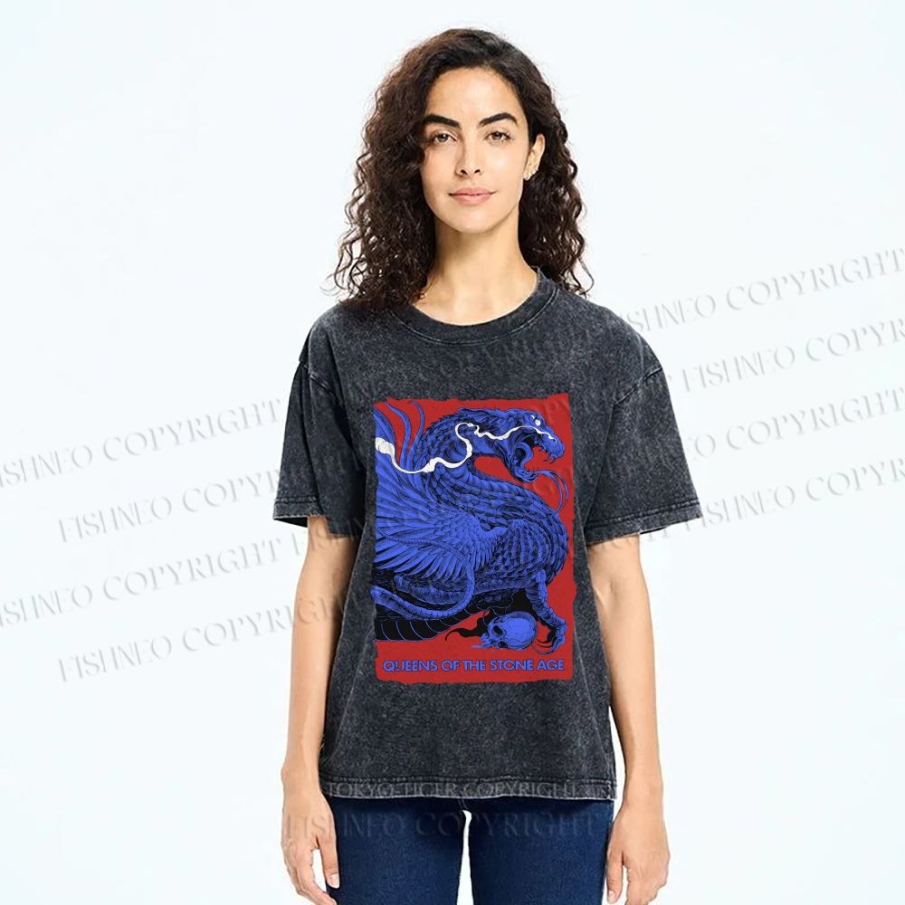 Unisex Giant Blue Dragon Printed Washed Tee
