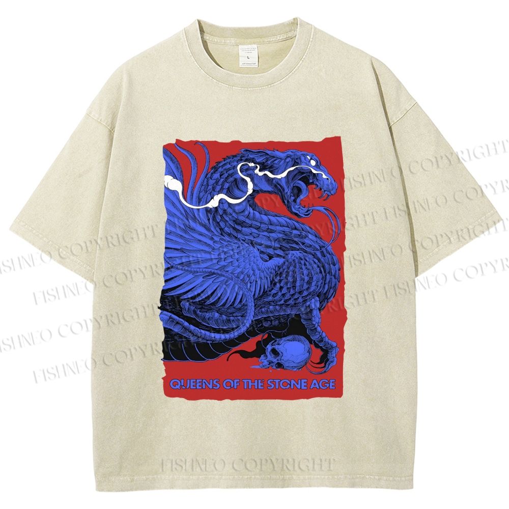 Unisex Giant Blue Dragon Printed Washed Tee