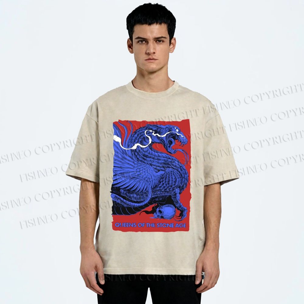 Unisex Giant Blue Dragon Printed Washed Tee