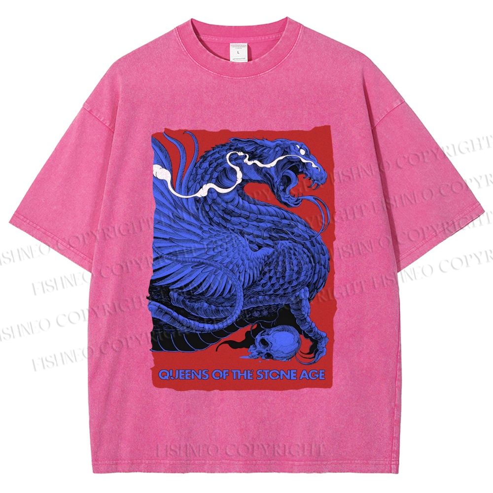 Unisex Giant Blue Dragon Printed Washed Tee