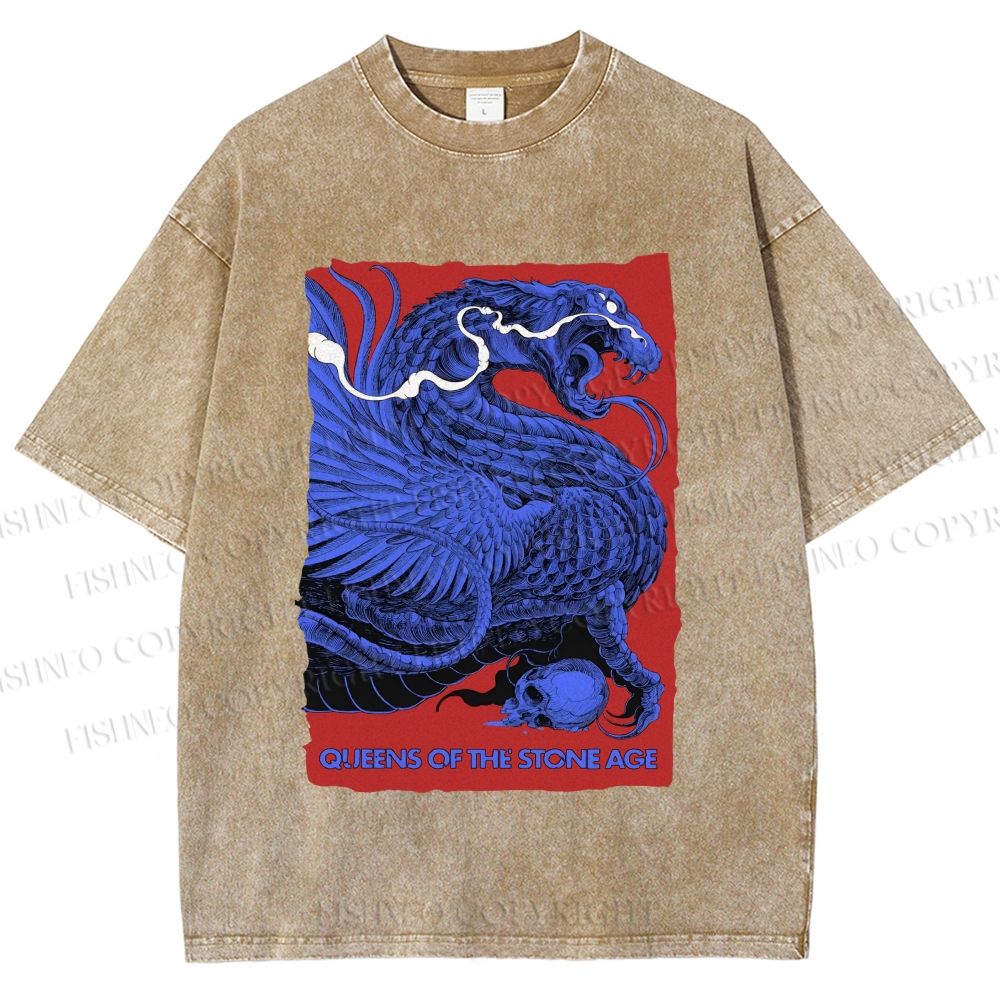 Unisex Giant Blue Dragon Printed Washed Tee