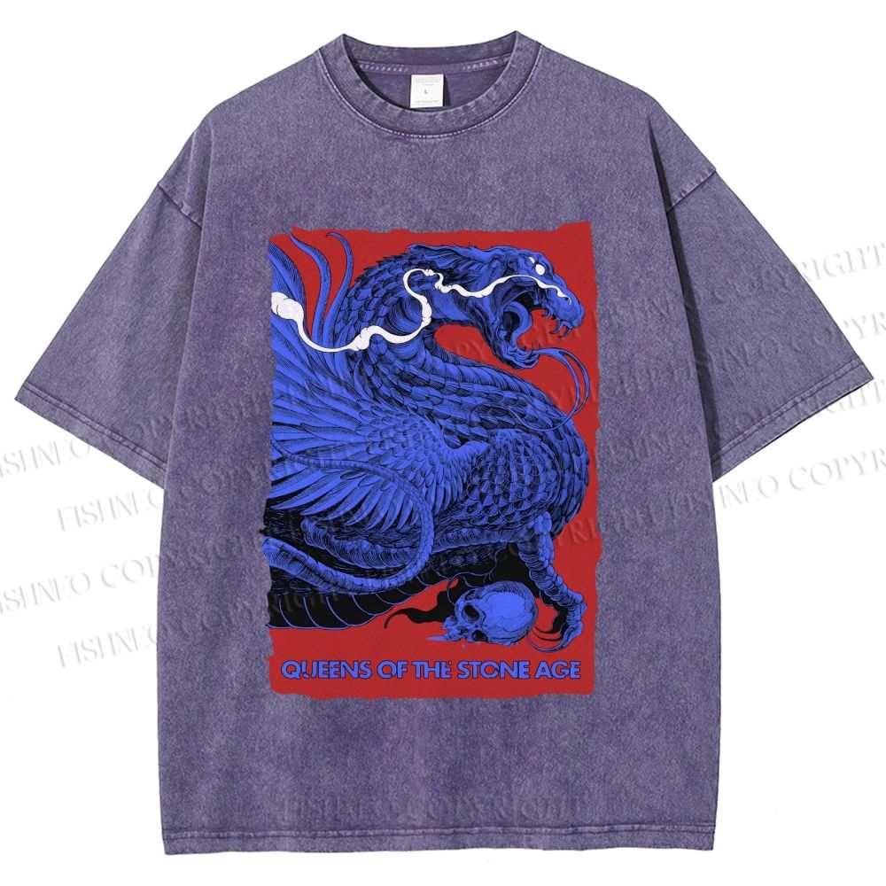 Unisex Giant Blue Dragon Printed Washed Tee