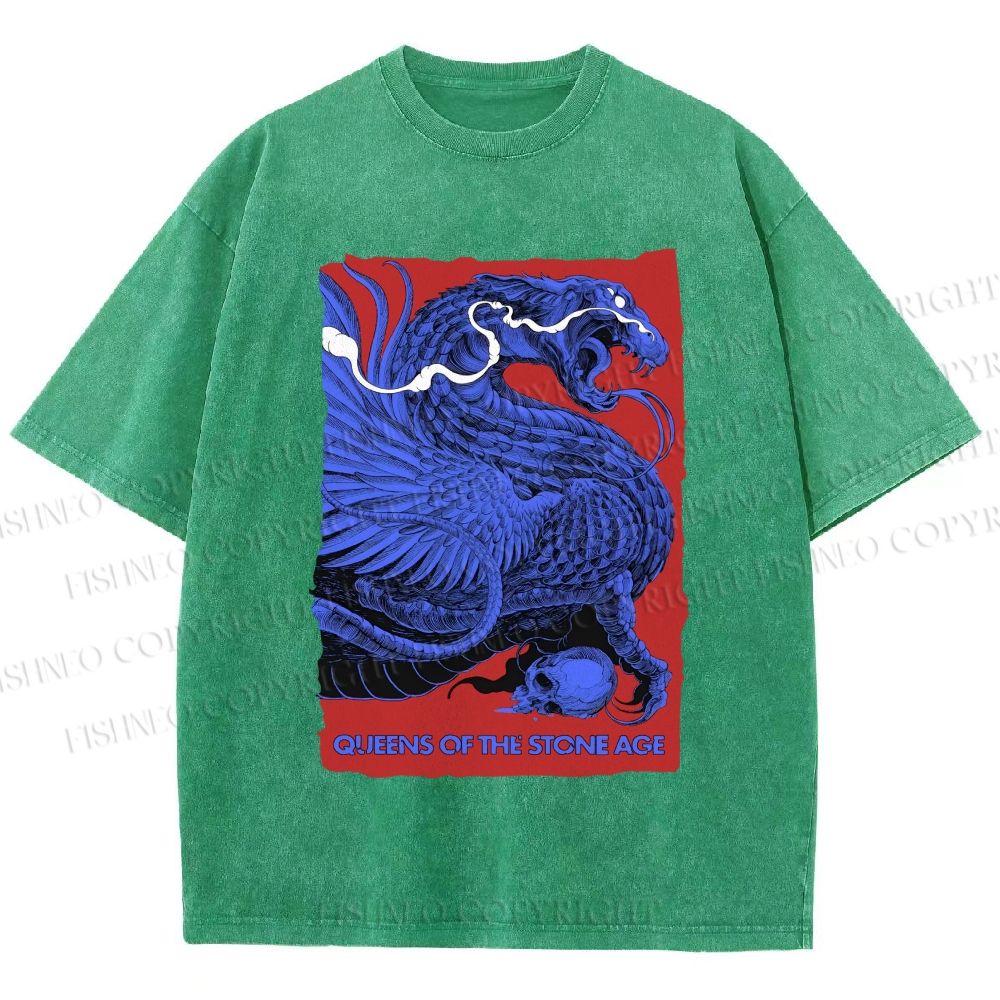 Unisex Giant Blue Dragon Printed Washed Tee
